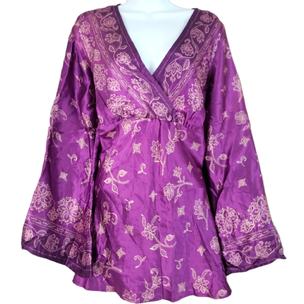 NWOT New York City Design purple & pink floral silk blouse top Womens Medium